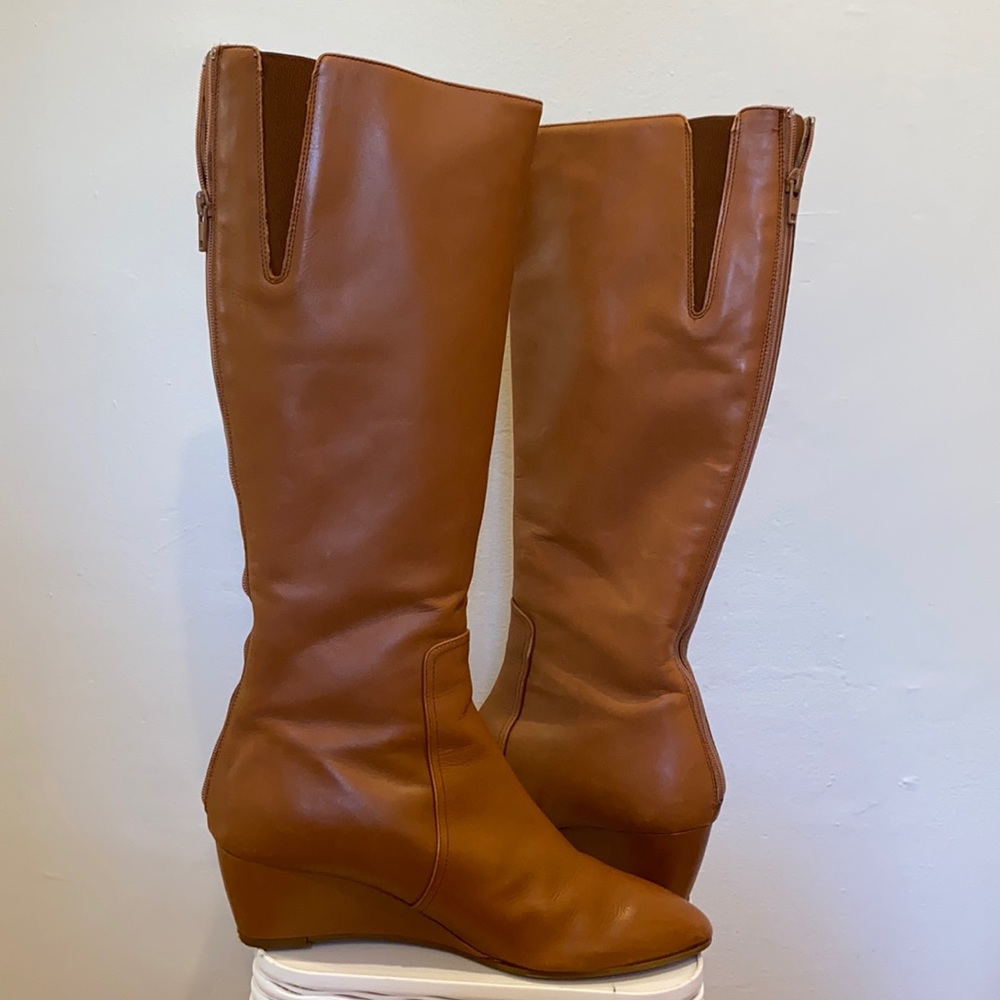 Buttery Dana Davis caramel leather Pax wedge knee high boot